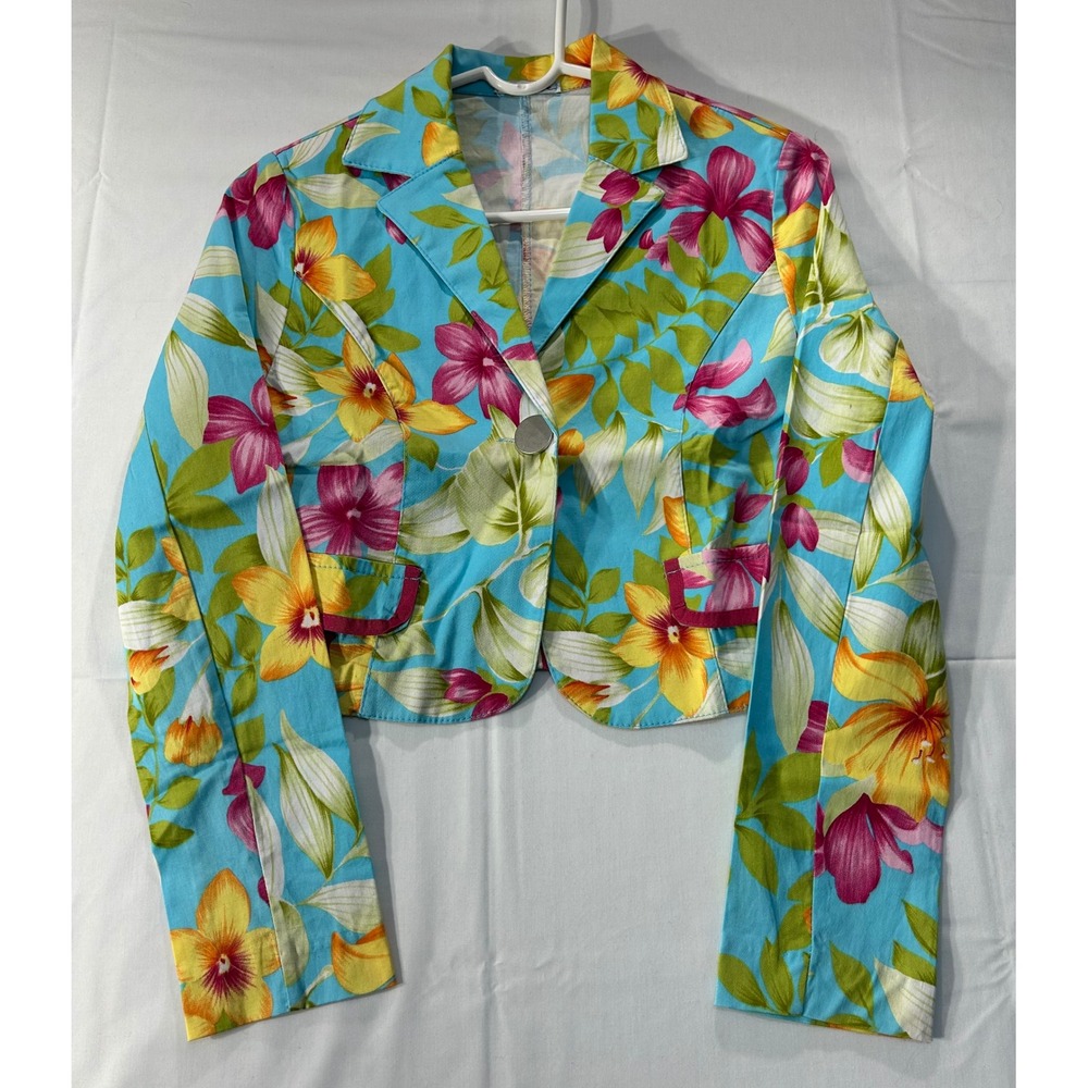 Le Muse Women Tropical Floral Cropped Blazer Turquoise Pink Yellow Jacket
